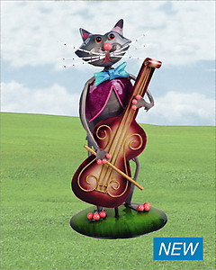Cat With Cello Metallic Figurine
