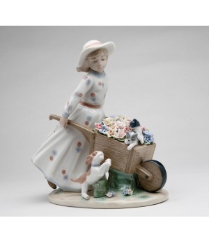 Girl with Flower Wagon Porcelain Figurine